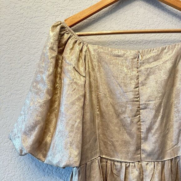 NWT Celadon Puff Sleeve Baby Doll Dress Metallic Gold Women Off Shoulder Size L - Picture 6 of 13